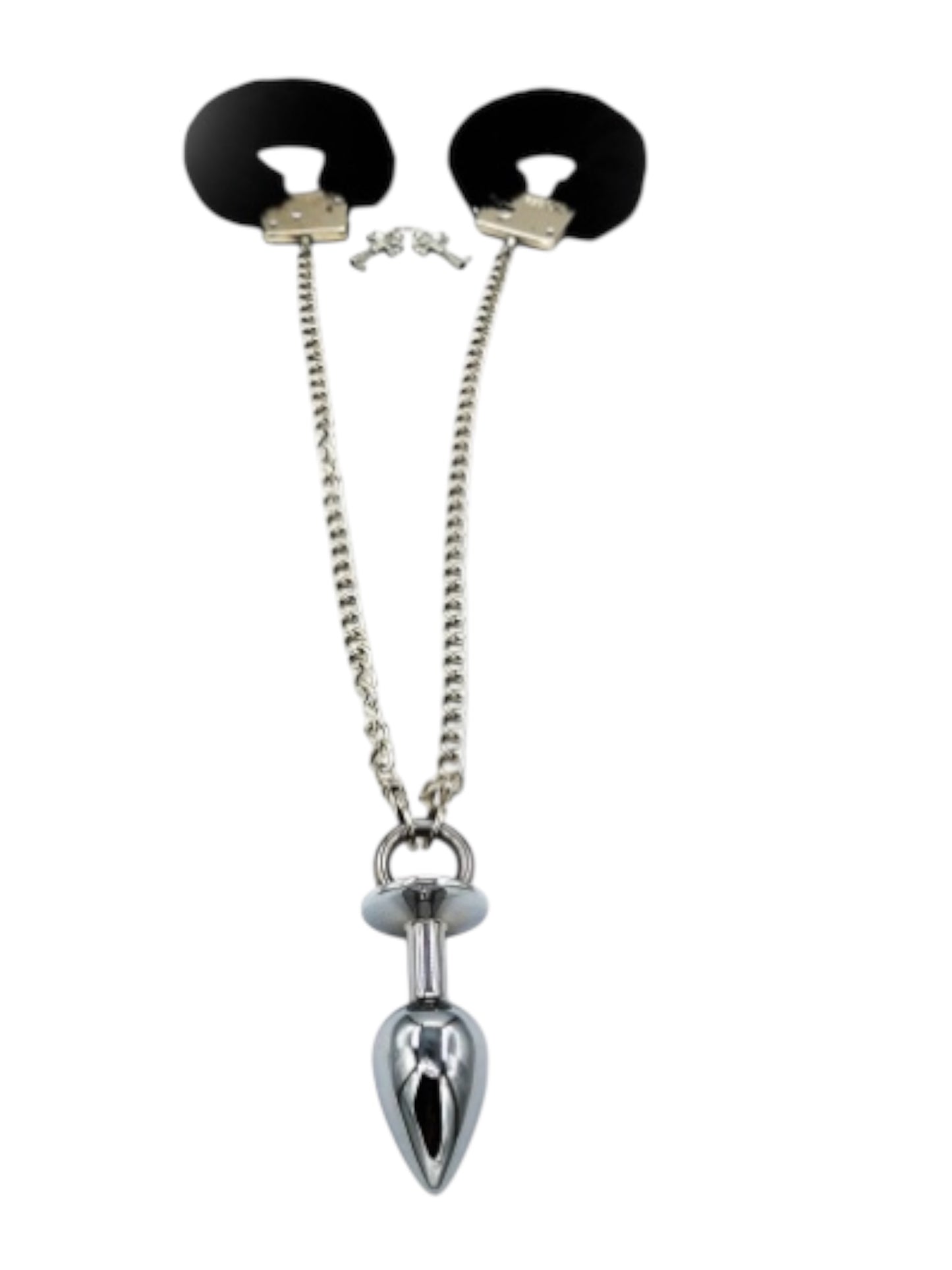 Black Fluffy Handcuffs with Stainless Steel  Anal Plug. Anal sex toys Australia- BehindClosedDoors. 