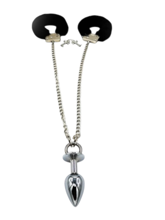 Black Fluffy Handcuffs with Stainless Steel  Anal Plug. Anal sex toys Australia- BehindClosedDoors. 