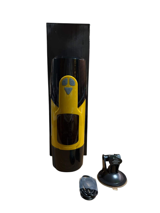 Black and yellow Male Masturbator cup with headphones and suction mount. Discreet packaging Australia- BehindClosedDoors 