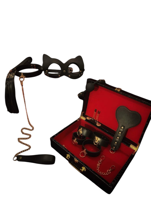 Luxury Leather Bondage kit gold and black. Sexy red case to spice up your night. Discreet shipping at BehindClosedDoors. 
