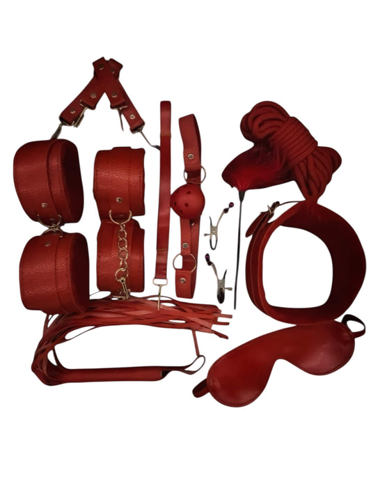 Red Luxury BDSM Leather bondage kit for spicing things up in the bedroom. Discreet packaging from BehindClosedDoors. 